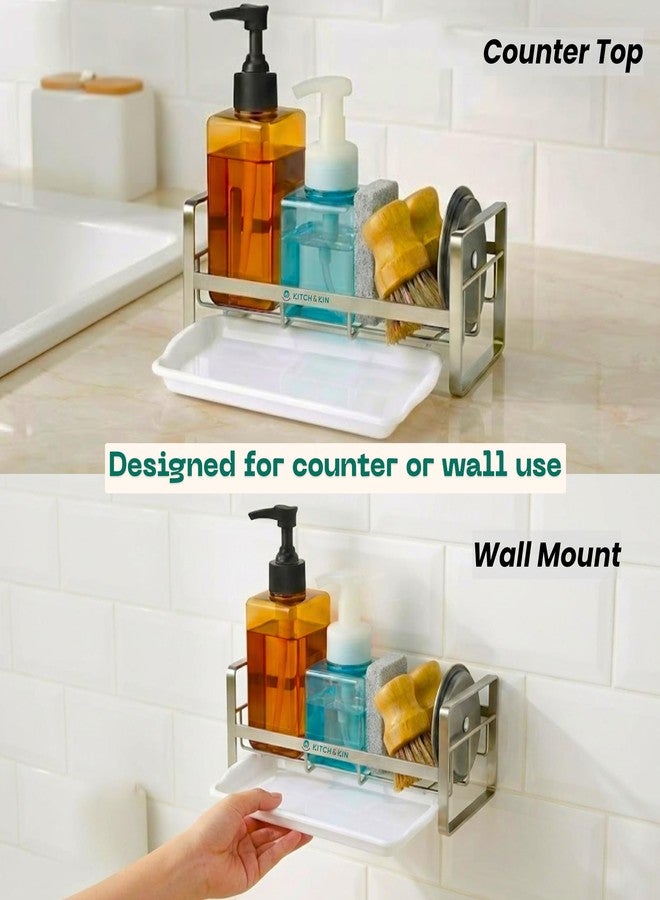 KITCH & KIN Stainless Steel Kitchen & Washroom Sink Organizer Rack with Drain Tray - Wall Mount Soap Stand, Sponge Holder & Adhesive Storage Organiser for Cleaning Essentials - Image 4